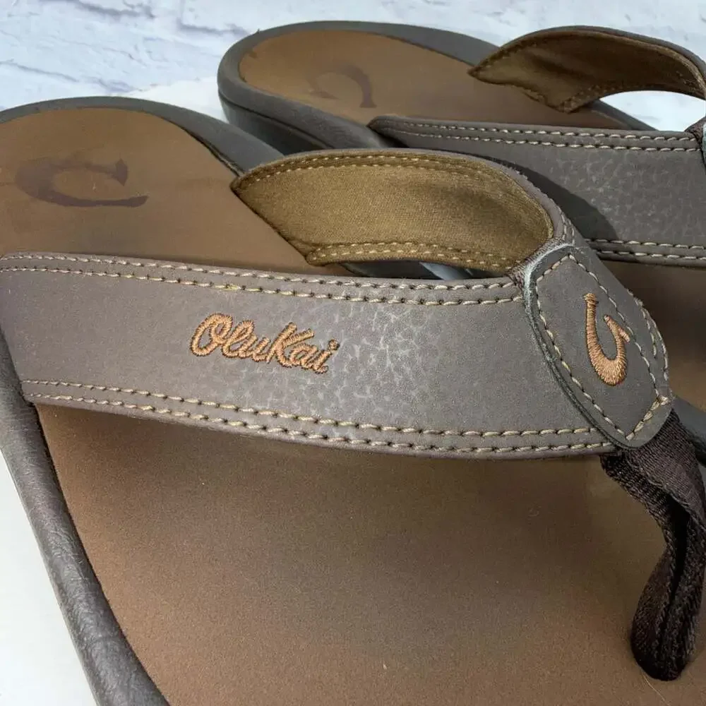 Olukai Ohana Sandals Dark Java Shoes Flip Flop Thong Leather Beach Men Sz 9